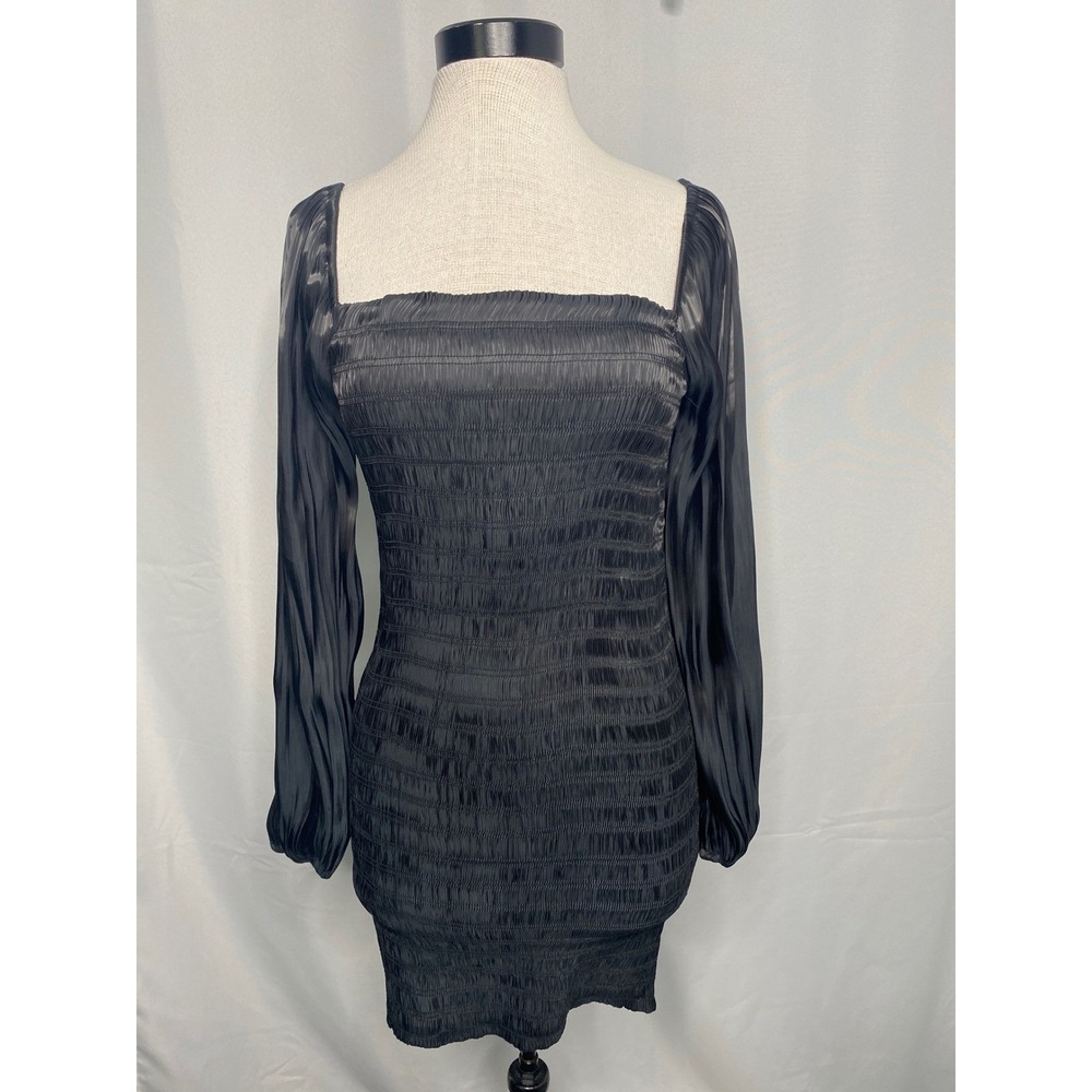 Forever 21 Womens Black Smocked Bodycon Mini Dress Sheer Balloon Sleeve Medium